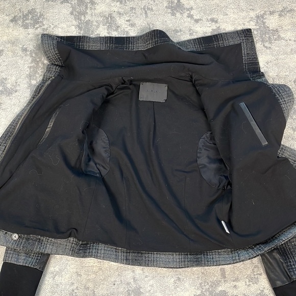 ALC Plaid Funnel Biker Moto Jacket Wool Black Gray Dark Academia Tartan Sz 4 - Picture 8 of 11